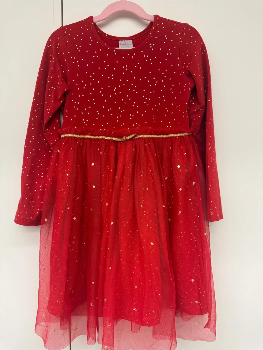 Hanna Andersson Red Long-Sleeve Sparkle Tulle Dress with Gold  120cm size 6-7